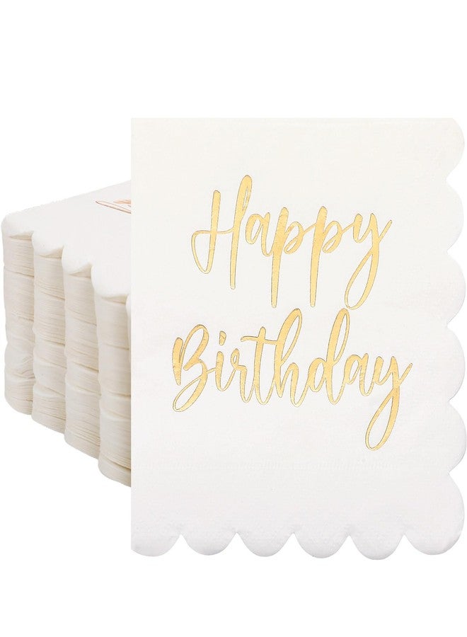 Qilery 100 Pack Happy Birthday Napkins Bulk Scalloped Disposable Cocktail White and Gold Napkins 2 Ply Paper Serviette for Birthday Party Supplies, 5 x 5 Inch - Image 1